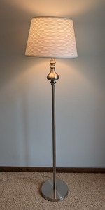lot 104 image: MB - Brushed Nickel Floor Lamp with White Textured Shade