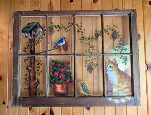 lot 109 image: G2 - Hand-Painted Rustic Window Art with Cat, Bird, Birdhouse and Flowers by Trimble