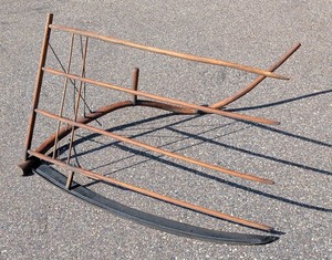lot 112 image: G1 - Primitive Wooden Wheat Cradle Scythe Harvesting Tool with 44 Inch Blade