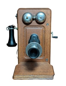 lot 127 image: LL - Antique Kellogg Oak Wall Telephone with Crank