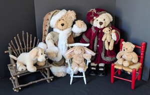 lot 130 image: O - Collection of 5 Plush Animals with Chairs Including Dressed Teddy Bears and Bunny