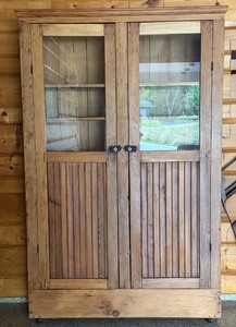 lot 1 image: Antique Primitive Wood Cabinet with Glass Doors and Shelves