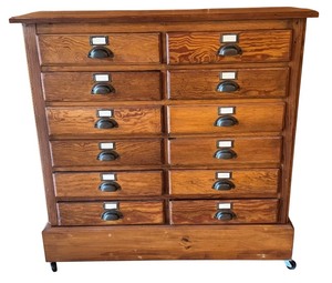 lot 3 image: Antique 15-Drawer Wood Cabinet with Metal Pulls