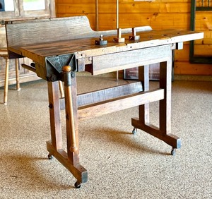 Antique Woodworking Workbench with Wilcox Vise and Set of 3 Marking Gauges