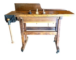 lot 5 image: Antique Woodworking Workbench with Wilcox Vise and Set of 3 Marking Gauges