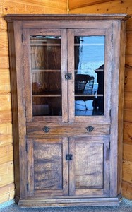 lot 14 image: Antique Corner Wood Cabinet with Glass Doors and Brass Hardware