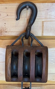 lot 16 image: Antique Union Hardware Triple Pulley Block with Iron Hook