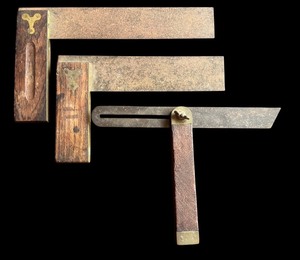 lot 34D image: Set of 3 Vintage Wood and Brass Carpenter Squares and Bevel Gauge