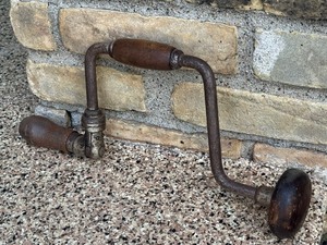 lot 47D image: Vintage 14.5 Inch Hand Crank Drill with Wood Handles