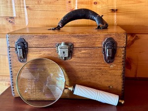 lot 48D image: Vintage Wooden Lockbox with Eagle Lock Co. Hardware and Magnifying Glass