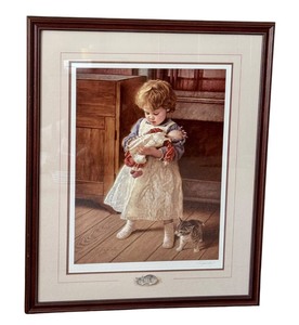 lot 55D image: Jim Daly Signed Framed Limited Edition Print 1261500 Girl with Doll and Kitten