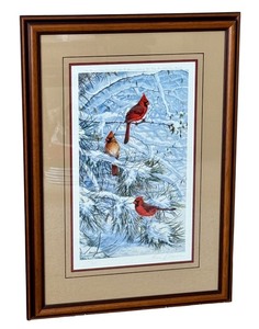 lot 59D image: Marc R. Hanson Framed Print Red Pine and Northern Cardinals