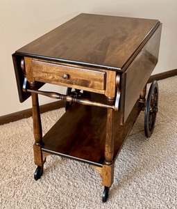 lot 62D image: Vintage Wooden Drop-Leaf Tea Cart with Drawer and Wheels