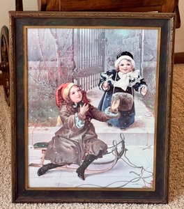 lot 70D image: LR - Framed Vintage Winter Print of Children Playing in Snow