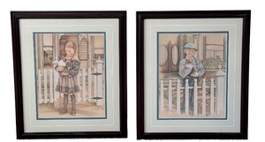 lot 75D image: Set of 2 Jamie Bedford Framed Vintage Prints of Children with Rabbits