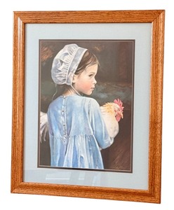 lot 79D image: Framed Portrait Artwork of Young Girl Holding Chicken
