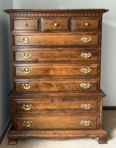lot 81D image: Vintage Wooden Highboy Dresser with Brass Hardware