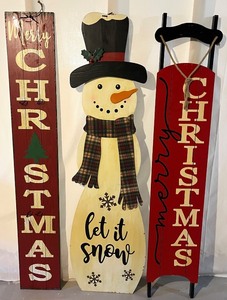 lot 136N image: Set of 3 Large Christmas Wooden Signs and Snowman Holiday Decor