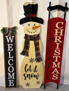 lot 137N image: Christmas and Welcome Wooden Porch Sign Trio with Snowman Sled Decor