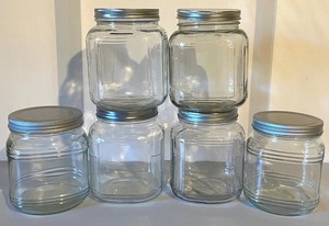 lot 143N image: Set of 6 Clear Glass Storage Jars with Metal Lids