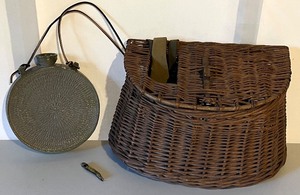 lot 144N image: Wicker Creel Fishing Basket with Strap and Vintage Pottery Canteen