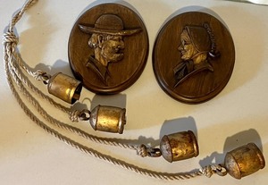lot 147N image: Set of 2 Carved Wood Portrait Plaques with 4 Decorative Hanging Bells