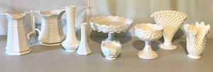 lot 148N image: Set of 8 White Milk Glass Pitchers, Vases, and Compotes Assorted Styles