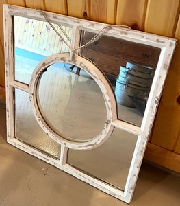 lot 153N image: Distressed White Framed Square Wall Mirror with Circular Center