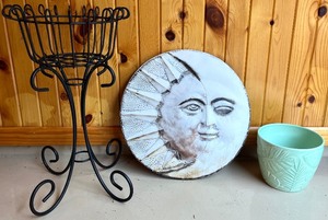 lot 154N image: Plant Stand, Sun and Moon Wall Art, and Leaf Pattern Ceramic Pot Set