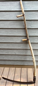 lot 163N image: Antique Wooden Hand Scythe with Curved Blade and Dual Handles