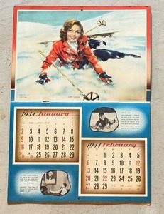 lot 21X image: K - Vintage 1944 Calendar Page with Skiing Artwork 10 x 14 Inch