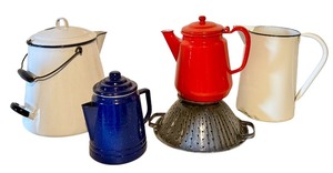 lot 97D image: LL - Vintage Enamelware Set with Coffee Pots, Colander, and Pitcher