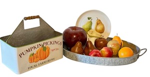lot 102D image: Farmhouse Decor Set with Pumpkin Pickings Metal Caddy, 19 Inch Metal Tray, Faux Fruit, and Pear Plate