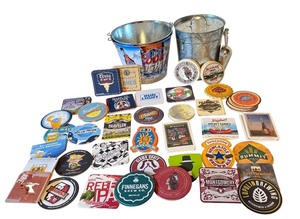 lot 110D image: E - Beer Bucket Set with Bar Coasters and Metal Ice Pail