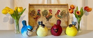 lot 115D image: LL - Decorative Rooster Tray with 4 Resin Bird Figures and Tulip Arrangements