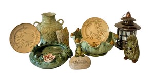 lot 118D image: Whimsical Home Decor Frog Theme Pier 1 Pottery Bowls, Artisan Vase, Bunny Lantern, Set of 4 Salad Plates