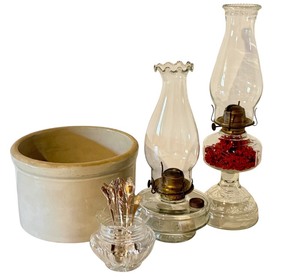 lot 120D image: Crock, Two Glass Oil Lamps, Spooner with Spoons Vintage Collection