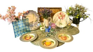 lot 123D image: LL - Floral Dinnerware Collection with Plates, Hand-Painted Glasses, and 6 Placemats