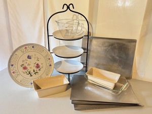lot 125D image: LL - Assorted Bakeware Collection with 4 Cookie Sheets, Bread Pans, Serving Platter, and Glass Measuring Cup