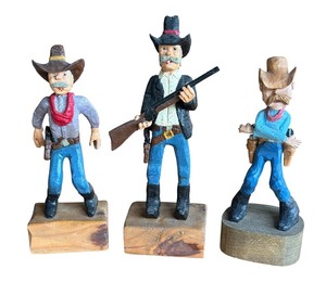 lot 101R image: P - Set of 3 Hand Carved Wooden Cowboy Figurines by Pobbies Crafty Crafts