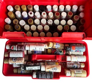 lot 123R image: P - Toolbox with Assorted Acrylic Craft Paints by Americana, Folk Art, Apple Barrel and More