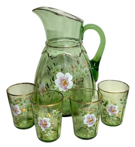 lot 126R image: P - Vintage Hand Painted Green Pitcher with 4 Floral Glasses