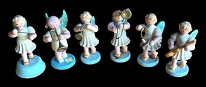 lot 175R image: P - Set of 6 Vintage Wooden Angel Musician Figurines with Blue Wings
