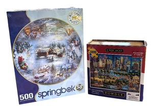 lot 214R image: P - Set of 2 Puzzles Sealed Dowdle Chicago 1000-Piece and Springbok Winter 500-Piece