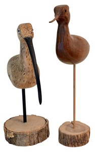 lot 81H image: LR - Pair of Vintage Wooden Bird Sculptures with Natural Wood Bases