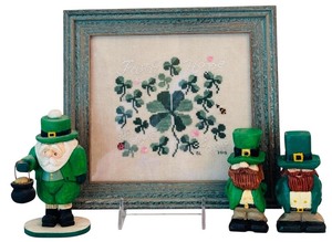 lot 88H image: DR - Framed Shamrock Cross-Stitch with 3 Hand-Carved Leprechaun Figurines