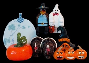 lot 91H image: DR - Collection of Fall and Halloween Decor Including Carved Figures and Ceramic Turkeys