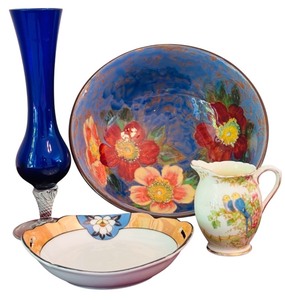 lot 184H image: DR - Lot of Vintage China Pieces and Blue Glass Vase