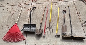 lot 330R image: G - Yard and Garden Tool Collection with Rake, Shovels, Pitchfork, Broom and More