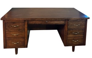 lot 10C image: LL - Vintage Wood Executive Office Desk with Brass Handles
